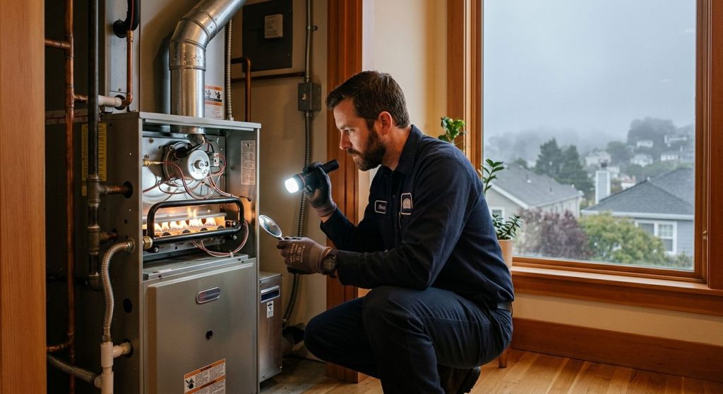 Professional HVAC technician inspecting a modern gas furnace in a San Francisco home, blue uniform, warm lighting, foggy window visible
