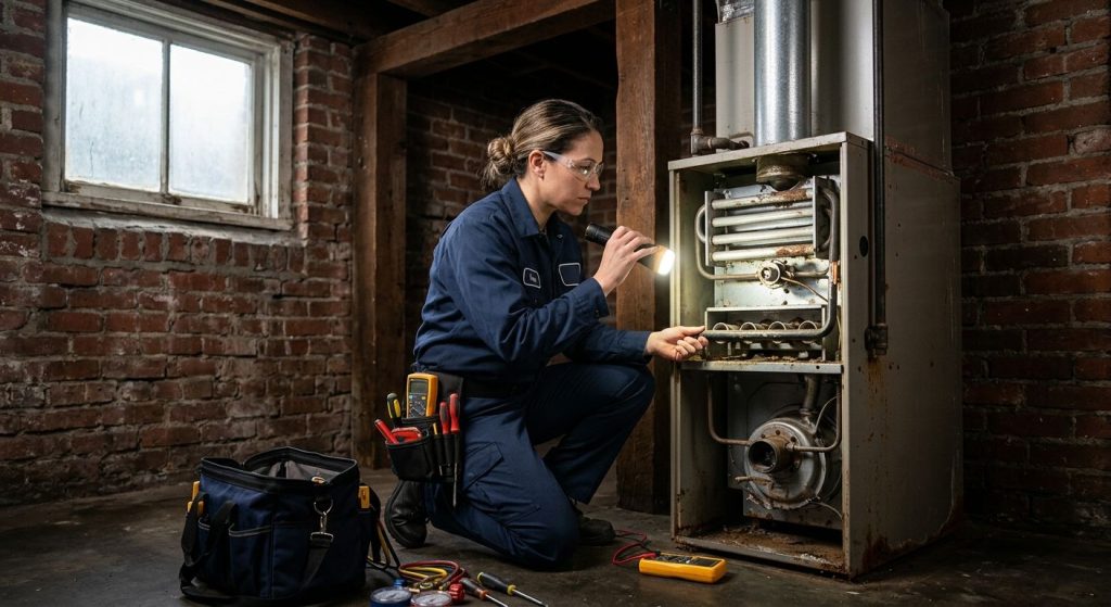Licensed HVAC technician kneeling beside gas furnace in basement, inspecting heat exchanger with flashlight and tools, soft cool light from window, background exposed brick and wood beams