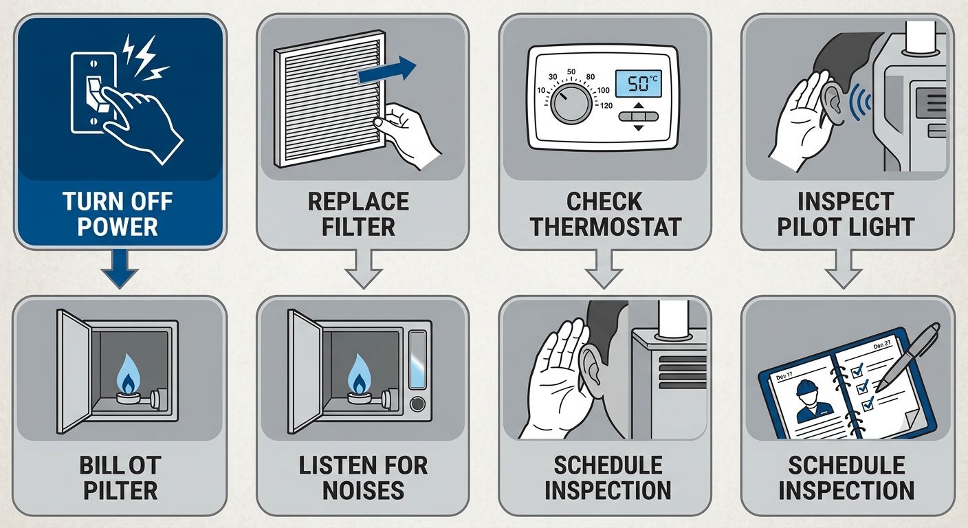 Diagram of six steps to maintain a furnace, moving from turning off power to scheduling an inspection