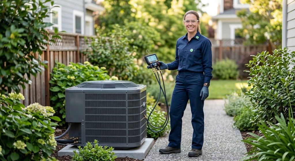 Professional HVAC technician in blue uniform holding digital gauge set, standing next to modern air conditioning unit in residential backyard with green foliage background.