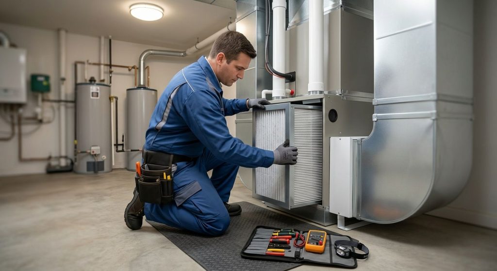 Professional HVAC technician in blue uniform installing a whole-home air purifier into an air handler in a San Francisco home
