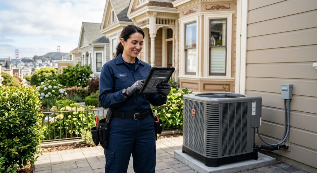Certified HVAC technician standing next to modern outdoor AC unit in front of a Victorian house during soft morning light, holding a tablet