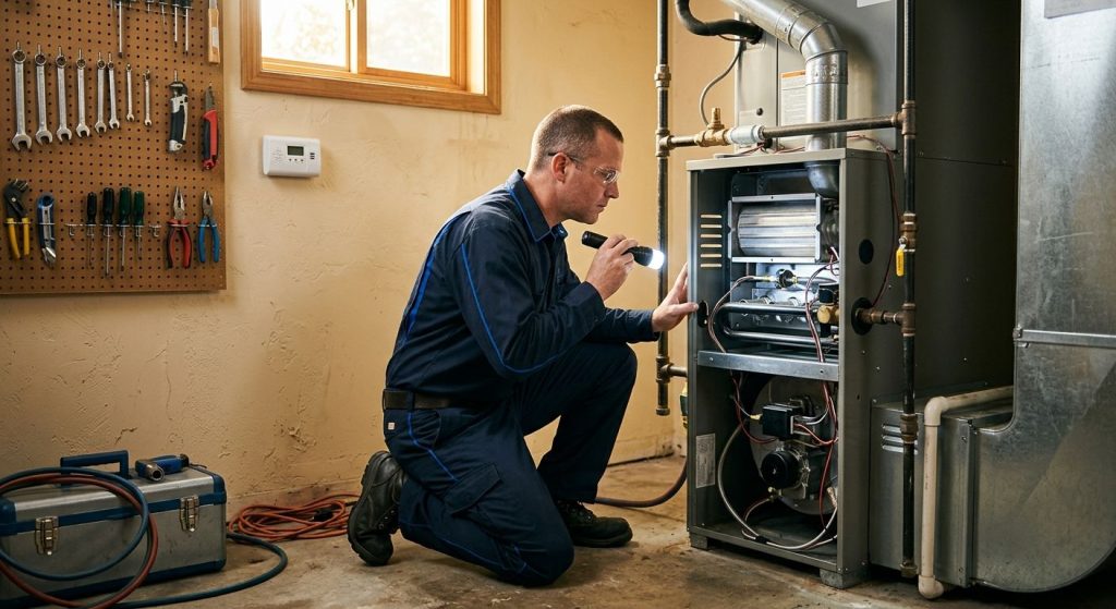 A licensed HVAC technician in a blue uniform inspects a gas furnace in a San Francisco basement, holding a flashlight and checking the heat exchanger for cracks, with a carbon monoxide detector on the wall and tools neatly arranged on a pegboard.