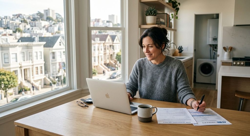 San Francisco homeowner reviewing heat pump rebate paperwork on a laptop at a modern kitchen table with natural light streaming in