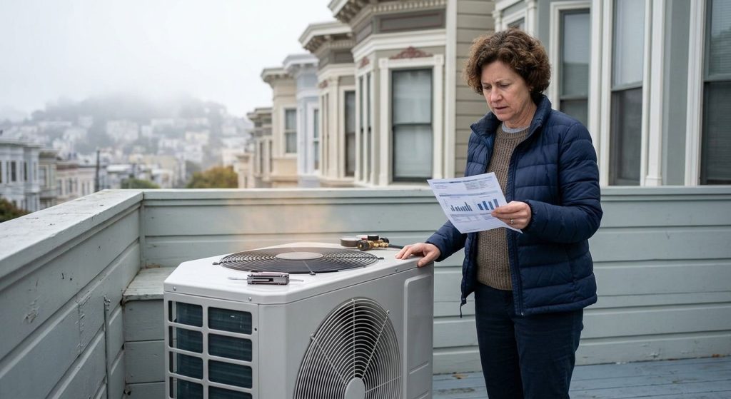 Concerned San Francisco homeowner inspecting an HVAC unit with a utility bill, set in a residential backyard featuring a Victorian-style home with fog over Twin Peaks.