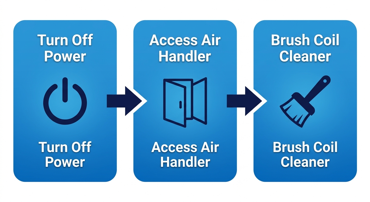 Three steps to clean evaporator coils: turn off power, access air handler, and brush coils with cleaner