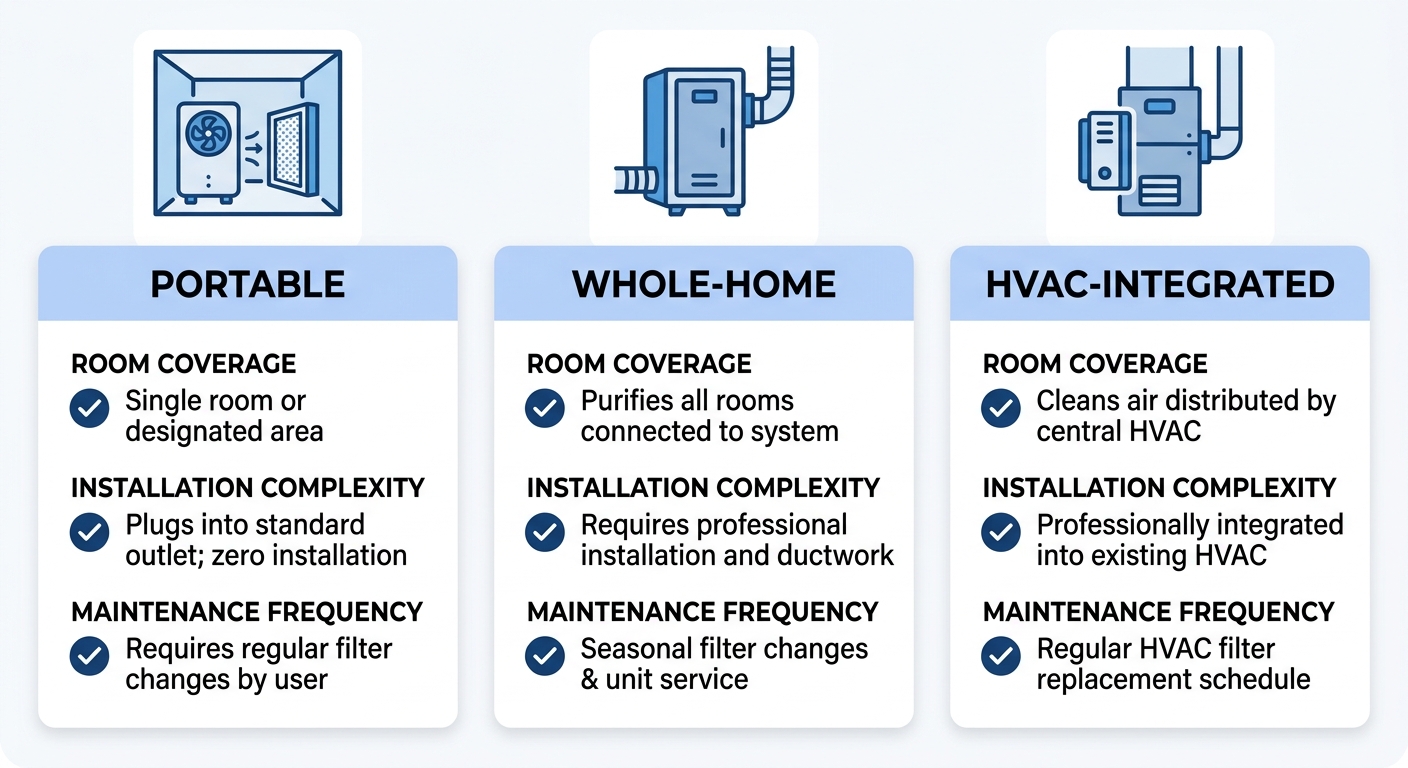 Side-by-side infographic comparing portable, whole-home, and HVAC-integrated air purifier installation methods with checkmark features for room coverage, installation complexity, and maintenance frequency.