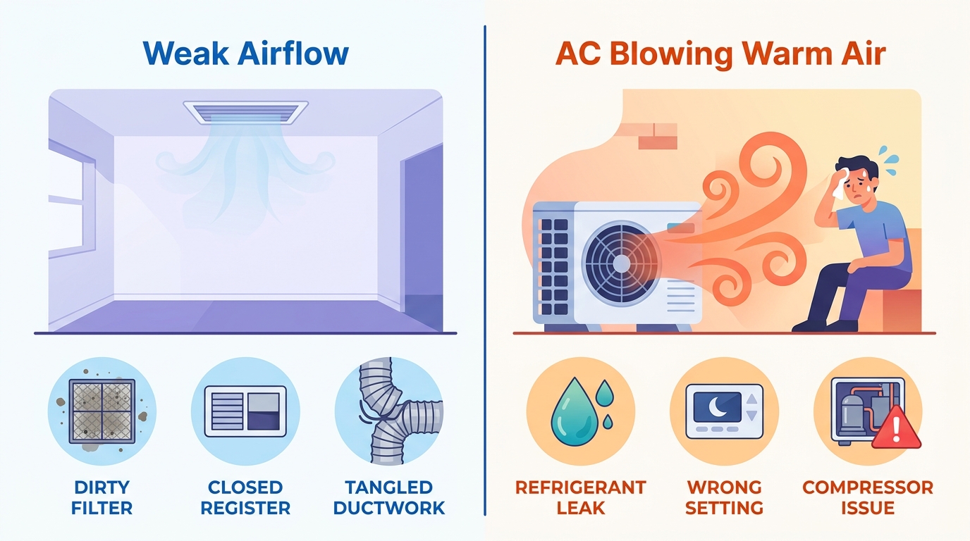 Infographic comparing weak airflow and AC blowing warm air with icons for dirty filter, closed register, tangled ductwork, refrigerant leak, thermostat, and compressor warning.
