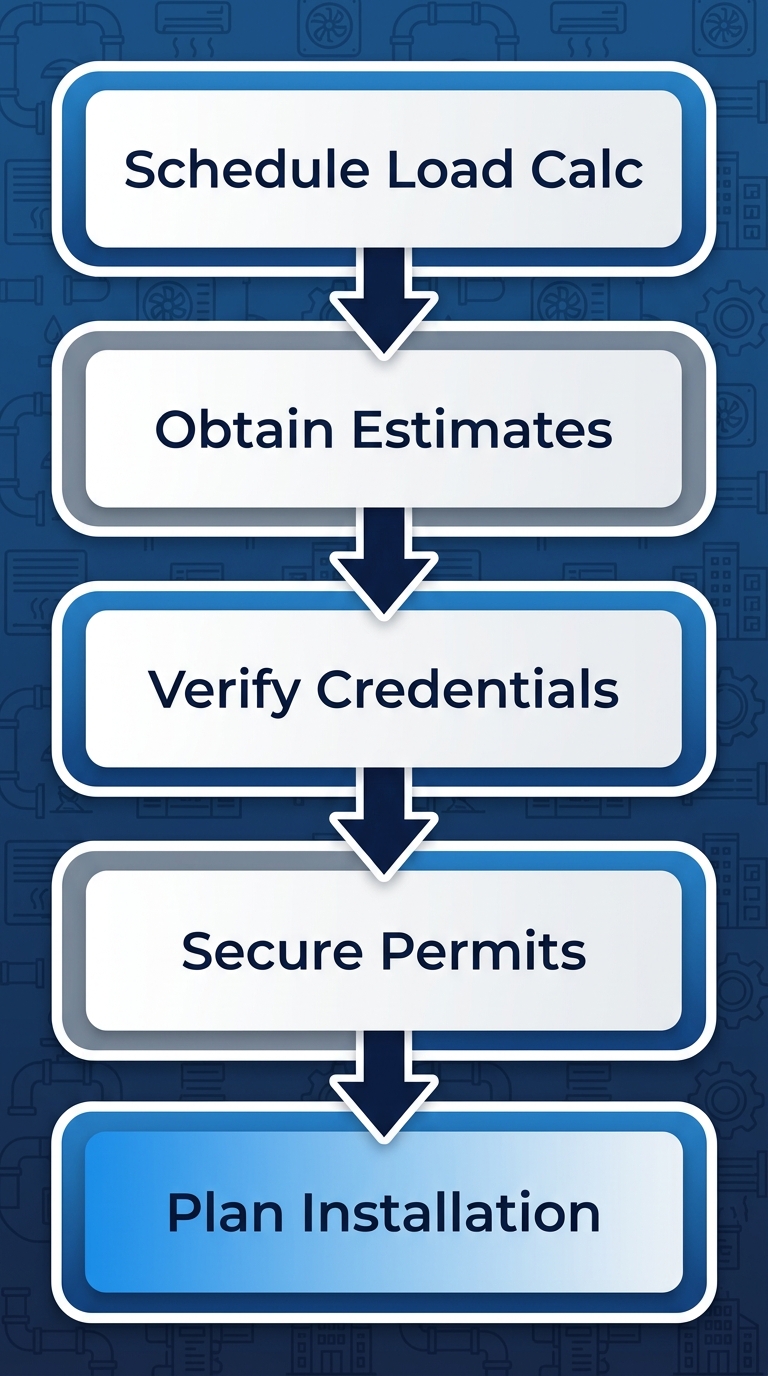 Vertical process flow diagram showing five steps for HVAC replacement in San Francisco: schedule load calculation, obtain estimates, verify credentials, secure permits, plan installation.