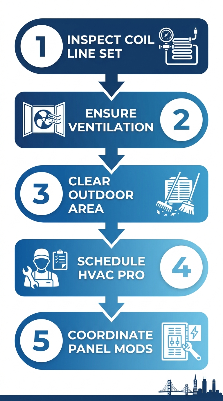Five preparation steps for R-454B system installation: inspect coil, ensure ventilation, clear area, schedule professional, coordinate modifications.