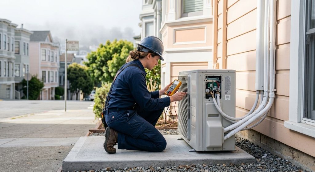 Ductless mini split installation by a professional HVAC technician on a San Francisco Victorian street