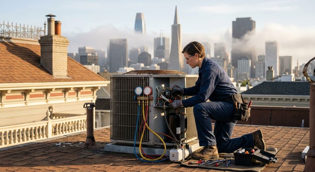 Licensed HVAC technician in a blue uniform replacing an air conditioner compressor on a San Francisco rooftop with the skyline and fog softly blurred in the background