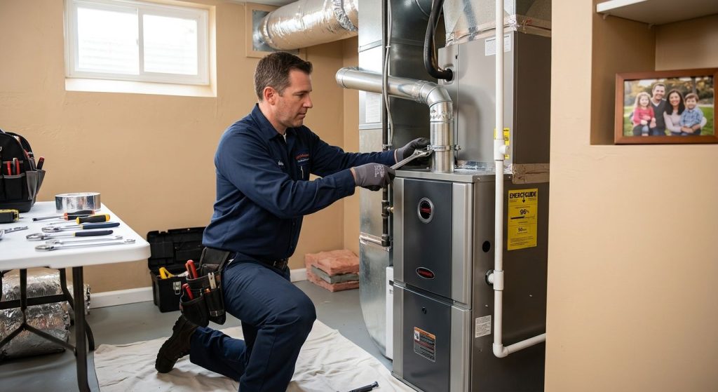 Professional photograph of a licensed HVAC technician installing a high-efficiency furnace in a San Francisco basement with natural light and a tidy workspace