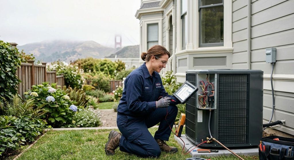 Licensed HVAC technician in San Francisco examining an air conditioning unit outside a Victorian home, with fog and sunlight
