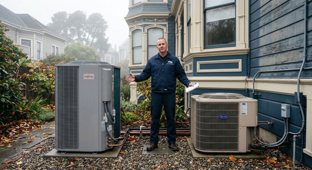 Side-by-side comparison of heat pump and central AC units with HVAC technician in foggy San Francisco