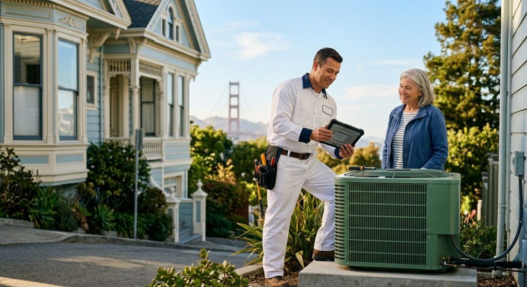 An HVAC technician in a clean uniform inspects an outdoor air conditioning unit in front of a San Francisco Victorian home, with the Golden Gate Bridge faintly visible in the background on a sunny day.