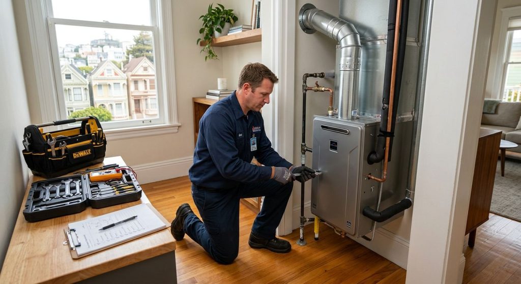 Modern zero-NOx furnace installation in San Francisco home with HVAC technician in blue uniform working near a window overlooking Victorian architecture, tools and clipboard on clean hardwood floor.