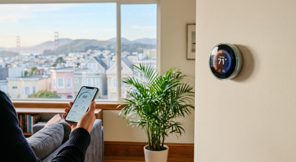 Modern smart thermostat on a living room wall with smartphone app and San Francisco cityscape through window