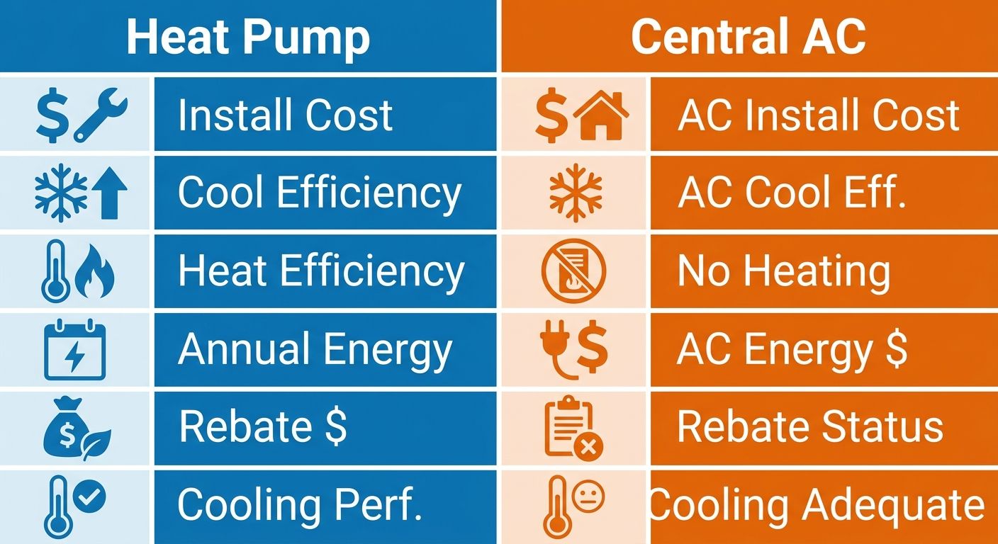 Infographic comparing heat pump and central AC systems across six categories: installation cost, cooling efficiency, heating efficiency, annual energy, rebates, and cooling performance. Left column heat pump in blue, right column central AC in orange.