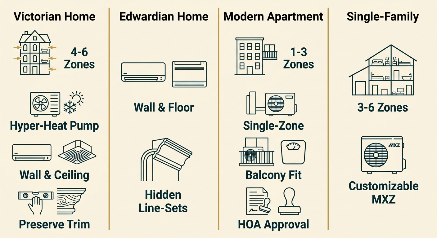 Infographic comparing ductless mini split options for Victorian, Edwardian, modern apartment, and single-family San Francisco homes