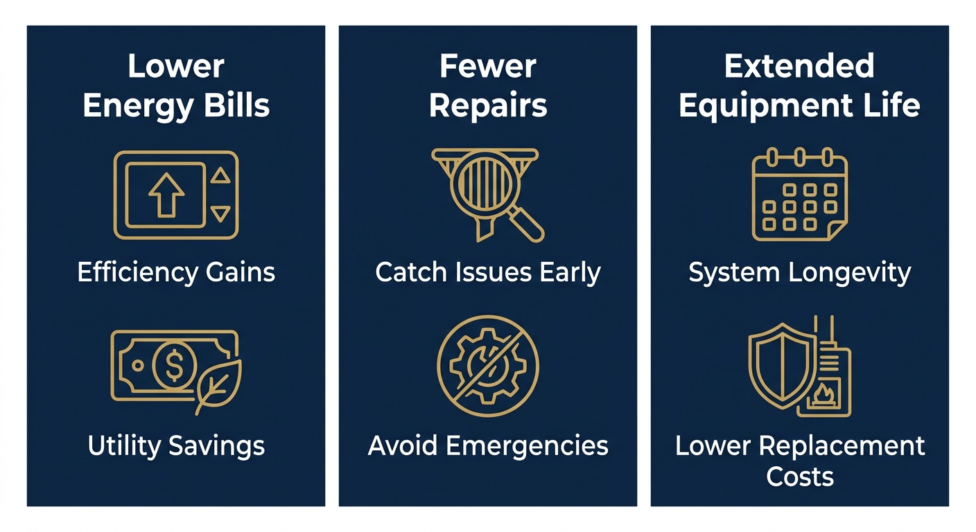 San Francisco Expert HVAC preventive maintenance infographic showing three columns: Lower Energy Bills, Fewer Repairs, Extended Equipment Life with labeled icons.