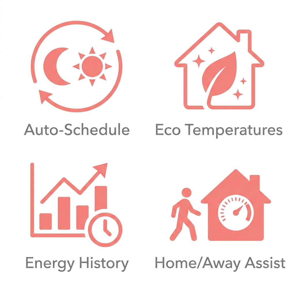 Four outline icons in soft coral pink on white background: crescent moon and sun with circular arrow, leaf inside house with sparkles, line graph with clock, person walking away from house with temperature dial, each labeled in gray