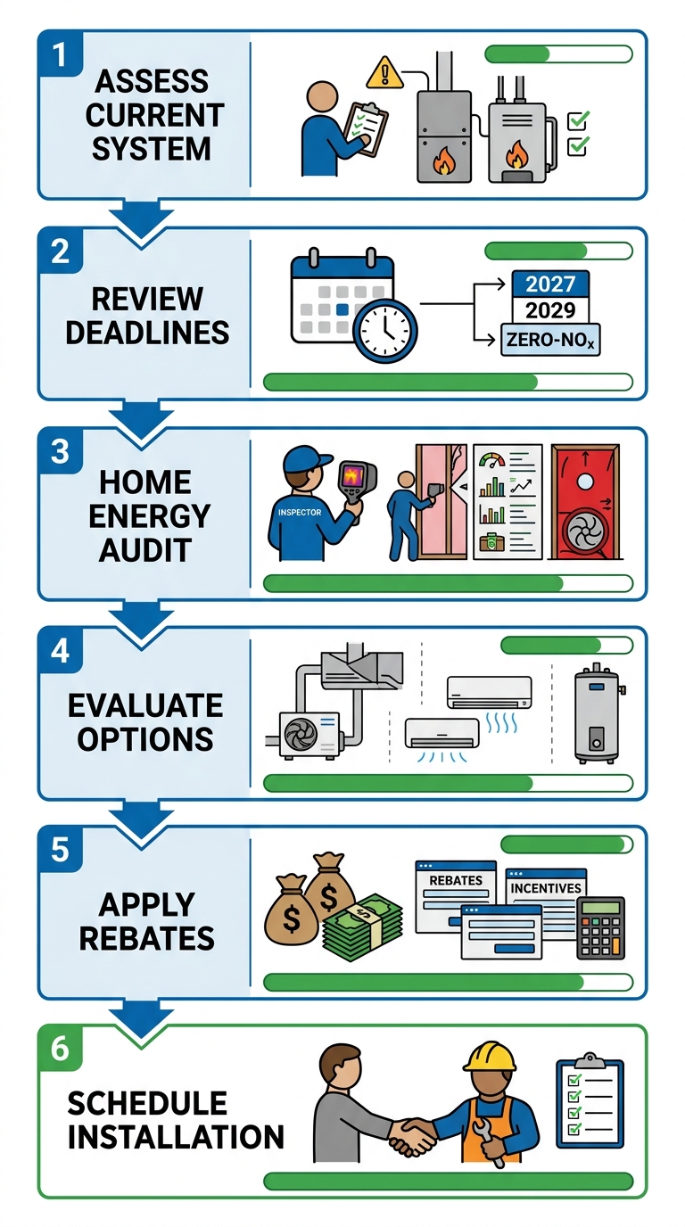 Vertical process flow with six connected steps for San Francisco homeowners to achieve zero-NOx compliance, including Assess Current System, Review Deadlines, Home Energy Audit, Evaluate Options, Apply Rebates, and Schedule Installation, with blue and green accents on white background.