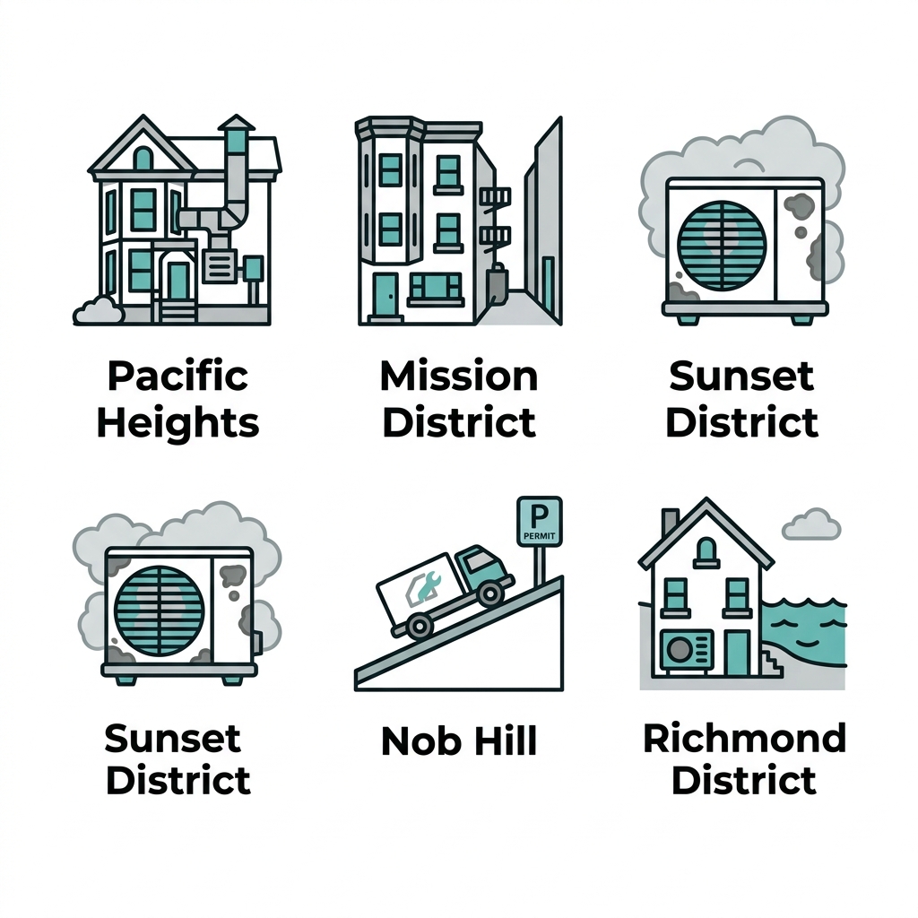 Infographic showing five San Francisco neighborhood icons with their labels: a Victorian house with ductwork, a multi-unit building in a tight alley, a fog-shrouded outdoor condenser, a steep hill with a service truck, and an oceanfront house with a condensing unit.