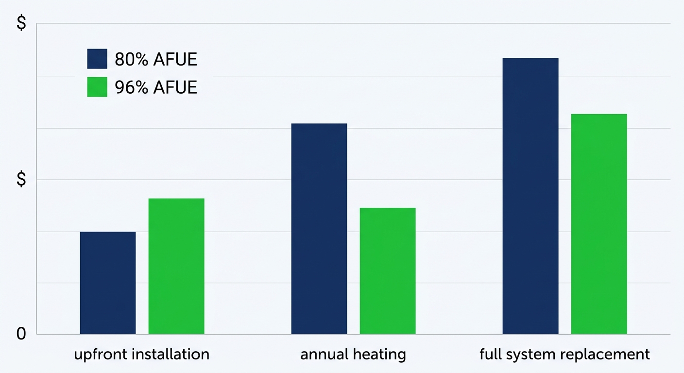 Bar chart comparing costs for 80% and 96% AFUE furnace installations: upfront, annual heating, and replacement costs.