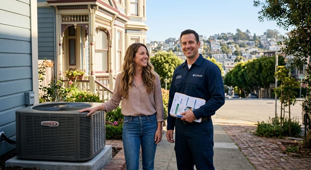 Smiling San Francisco homeowner and HVAC technician standing beside a modern heat pump unit in front of a Victorian home under bright California sunlight