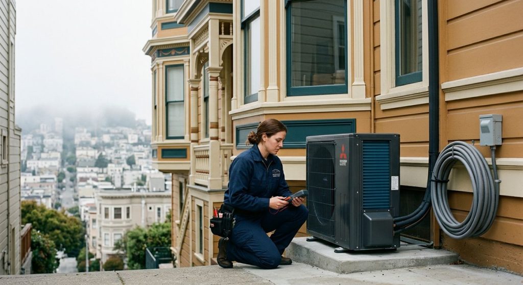 Professional HVAC technician inspecting a modern heat pump installed beside a classic San Francisco Victorian home with fog and hills in the background