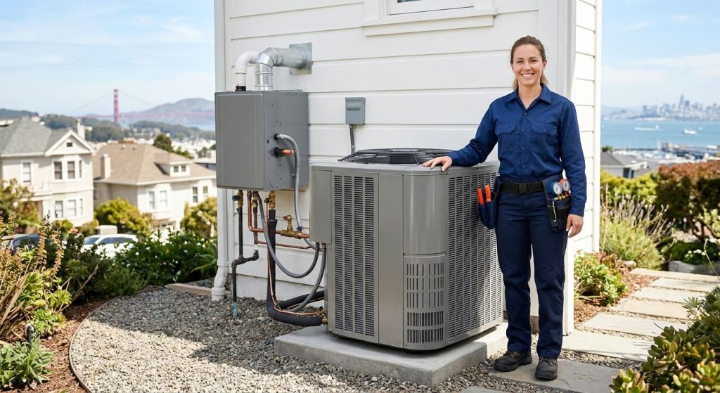 HVAC technician beside hybrid heat pump and gas furnace in front of a San Francisco home with Golden Gate Bridge in background
