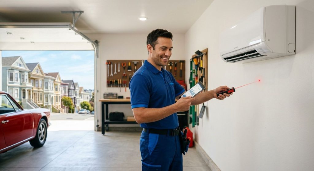An HVAC technician measuring a garage with a laser tool while using a tablet near a mounted mini split, with San Francisco row houses visible through the open garage door.