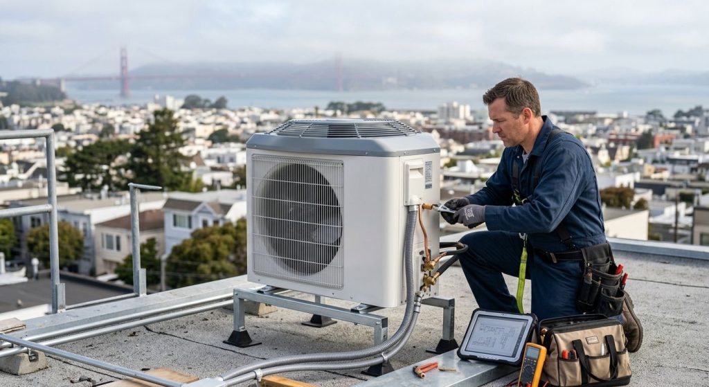 A licensed HVAC technician in a blue uniform installs a modern heat pump on a San Francisco rooftop, with the Golden Gate Bridge faintly visible in the background under morning fog.