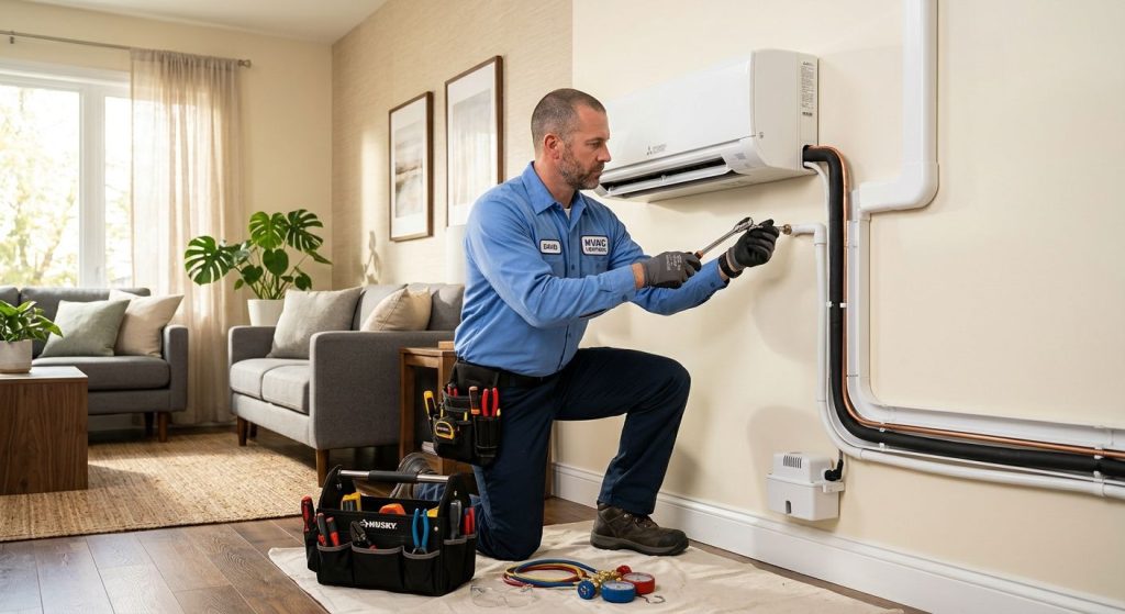 A professional HVAC technician in a blue uniform kneels beside a sleek ductless mini-split unit mounted on an interior wall in a bright, modern living room with natural daylight and organized tools.