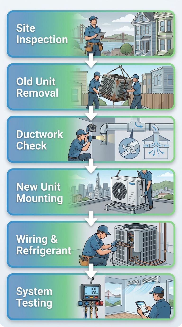 Vertical flowchart of 6 AC installation steps: Site Inspection, Old Unit Removal, Ductwork Check, New Unit Mounting, Wiring and Refrigerant, System Testing, with arrows connecting each step and blue-to-green gradient.