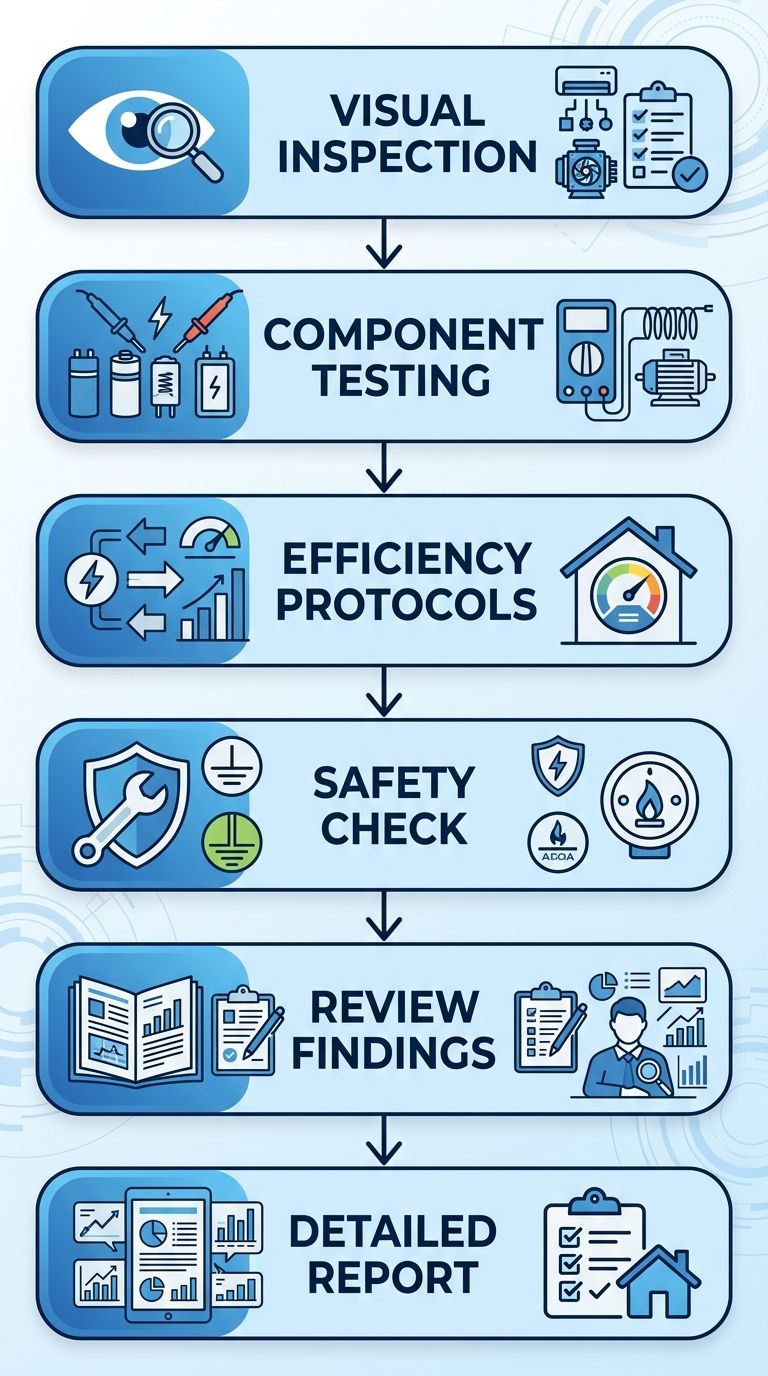 Vertical process flow diagram showing 6 steps of HVAC technician arrival: Visual Inspection, Component Testing, Efficiency Protocols, Safety Check, Review Findings, and Detailed Report, with icons and arrows.
