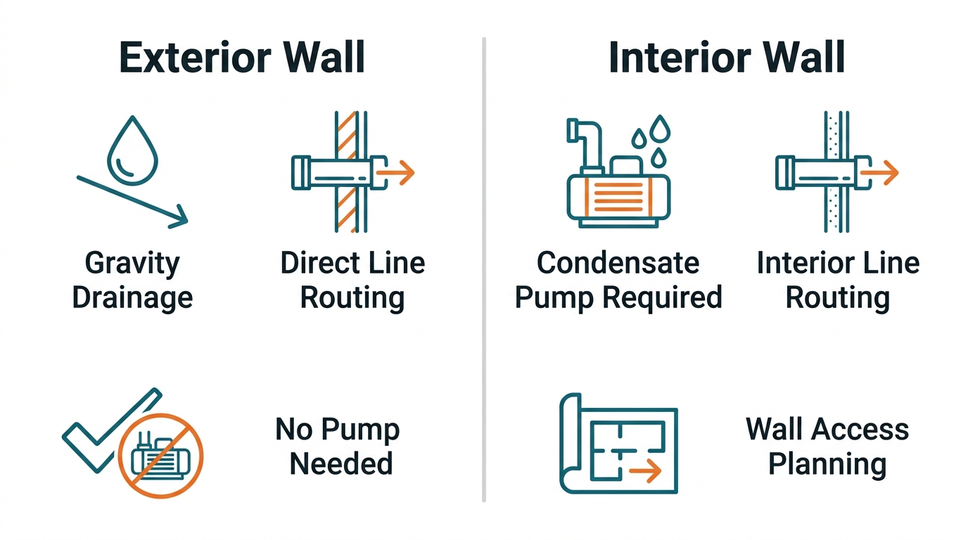 Comparison infographic of mini-split installation requirements for exterior versus interior walls, showing drainage and routing differences.