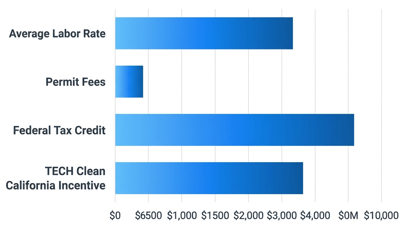 Horizontal bar chart comparing San Francisco hybrid heating installation costs and incentives, with bars for labor rate, permit fees, federal tax credit, and California incentive.