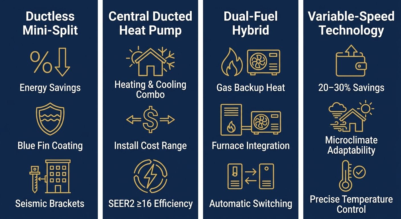 Infographic comparing four heat pump configurations for San Francisco homes: Ductless Mini-Split, Central Ducted Heat Pump, Dual-Fuel Hybrid, and Variable-Speed Technology, with icons and labels for key features.