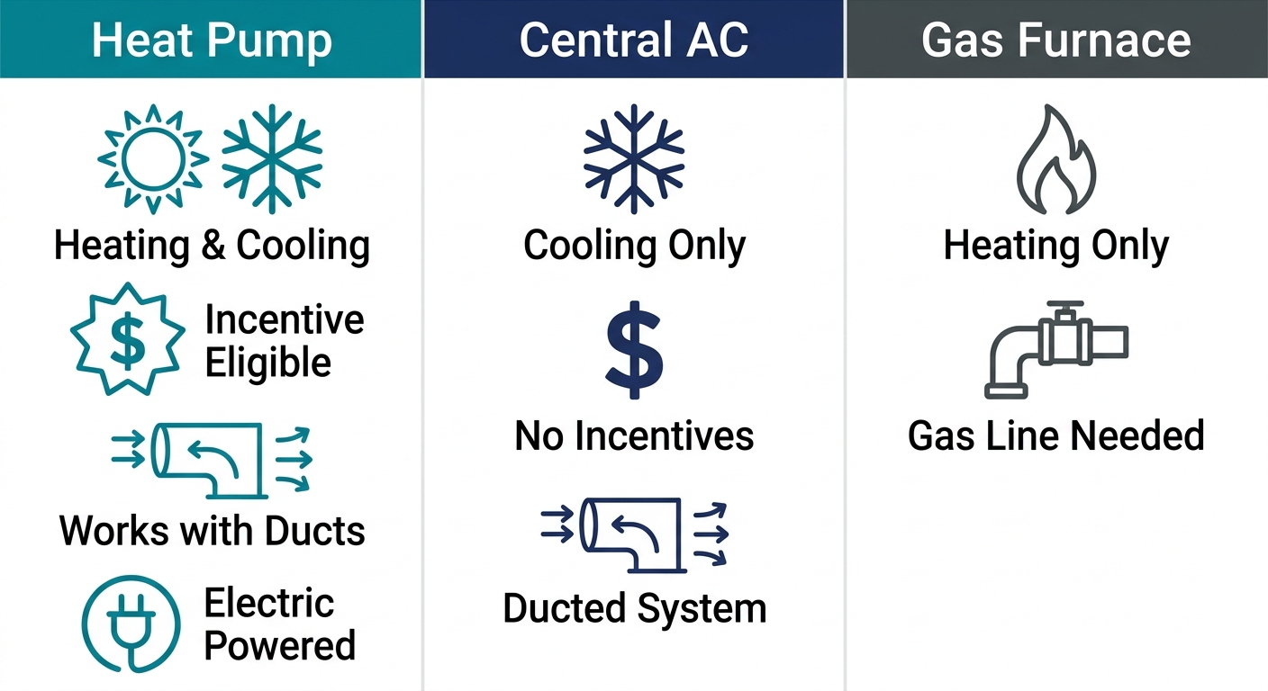 Side-by-side comparison of heat pump, central AC, and gas furnace features with outlined icons and column headers