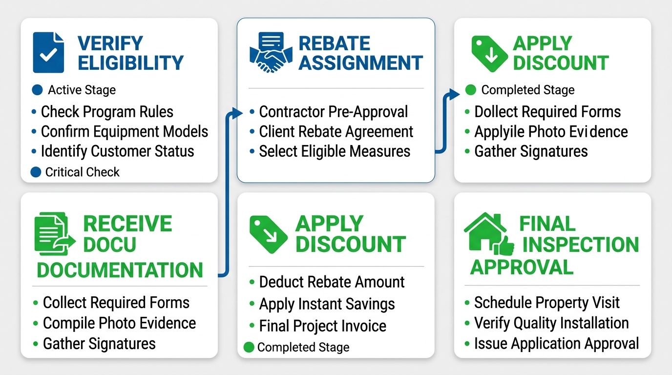 Vertical process-flow diagram with five numbered stages: Verify Eligibility, Rebate Assignment, Apply Discount, Receive Documentation, and Final Inspection Approval, connected by downward arrows, using California blue and green color scheme.